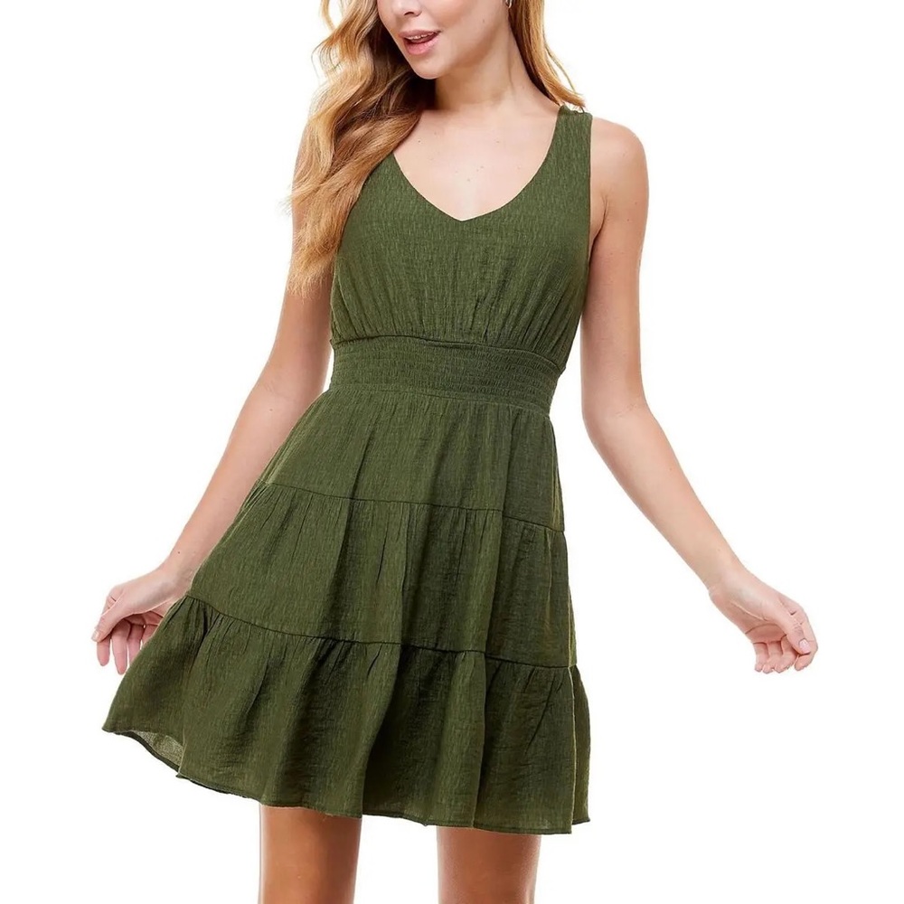 NWT City Studio Womens Juniors Olive Green Tiered Tie-Back Fit & Flare Dress